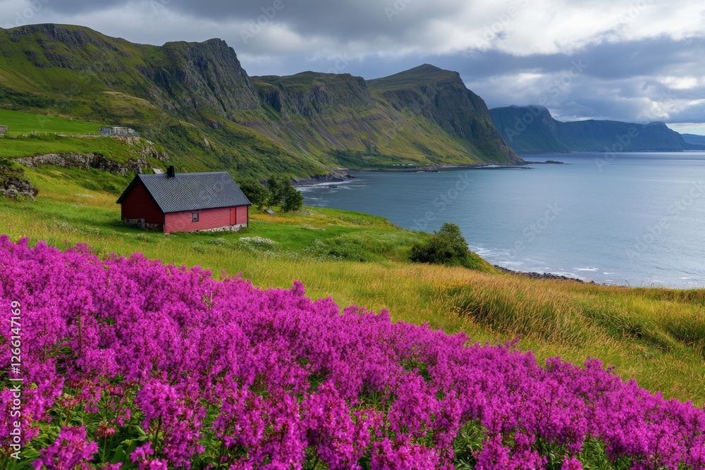 Vibrant flowers bloom near a red cabin along the serene coastal cliffs of Norway's stunning landscape Vibrant flowers bloom near a red cabin along the serene coastal cliffs of Norway's stunning landscape