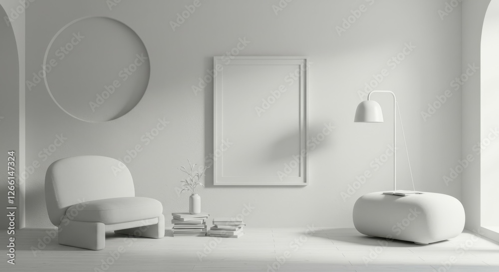 Minimalist interior, white monochromatic room, curved archway, modern armchair, empty picture frame, spherical vase, sculptural lamp, clean lines, soft textures, matte surfaces, contemporary design, s