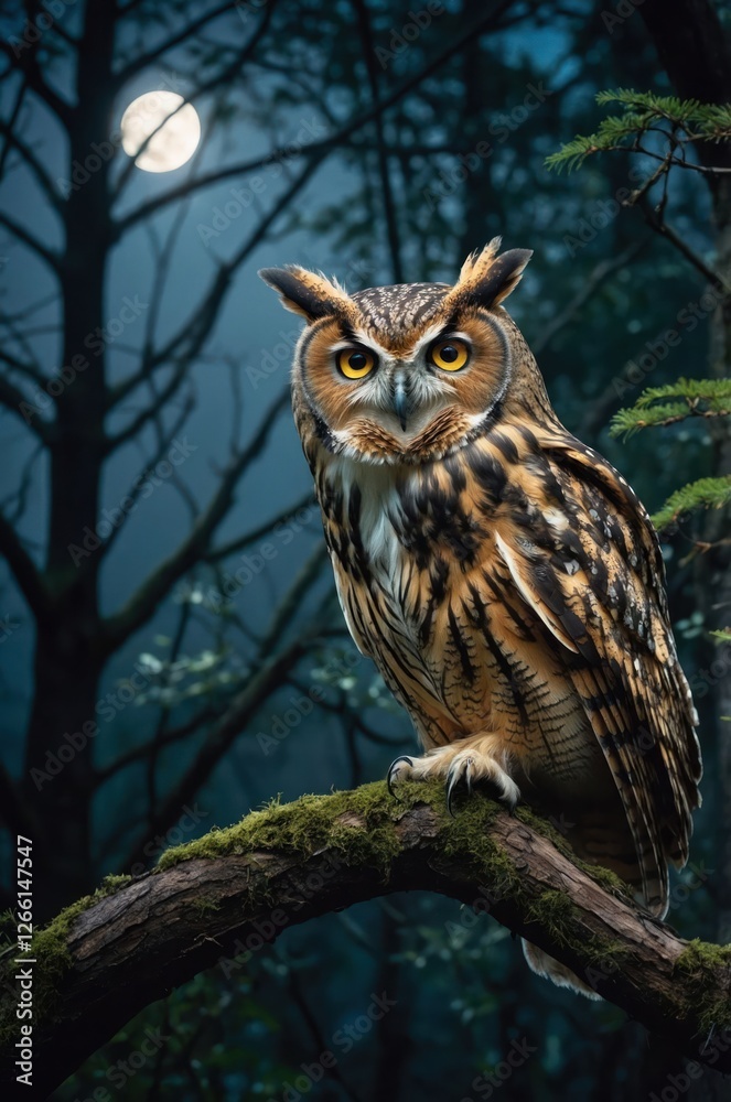 An owl perched on a mossy branch under a full moon in a dark forest. An owl perched on a mossy branch under a full moon in a dark forest.