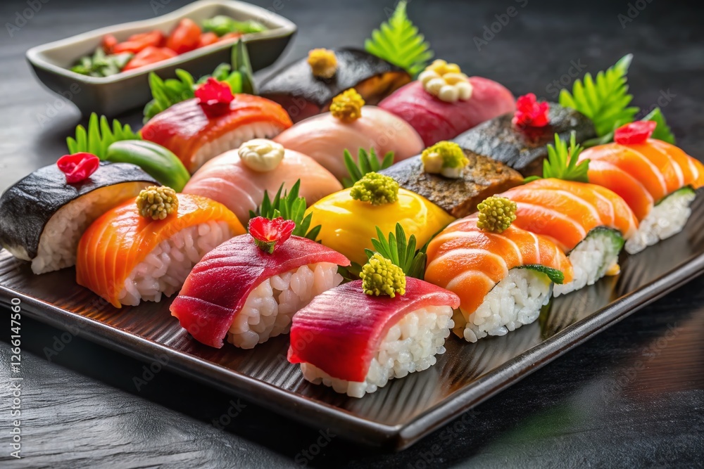 Vibrant Sushi Platter: Colorful Fish & Rice on Sleek Black Plate Vibrant Sushi Platter: Colorful Fish & Rice on Sleek Black Plate