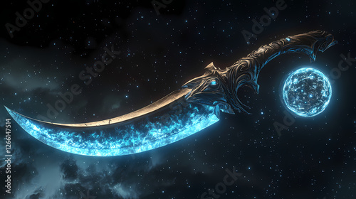 3d fantasy scimitar with cosmic energy orb. Intergalactic Artifacts. Illustration