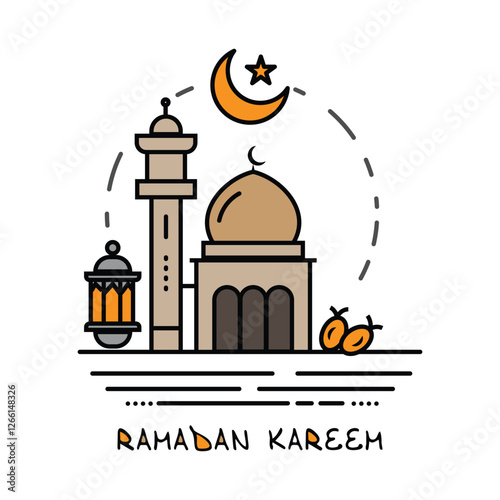 Minimalist Ramadan Mosque Line Art, Simple Islamic Colored Vector Illustration, Eid, Iftar, and Mosque Decor, Crescent Moon and Lantern Design for DIY and Digital Art