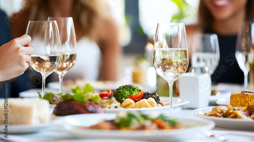 A group of people are sitting at a table with a variety of food and drinks