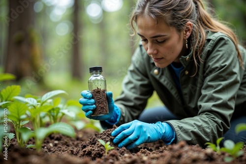 Female scientist examining soil samples while working in a forest environment