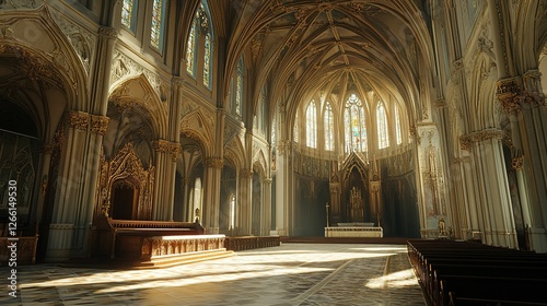 Sunlit Gothic Cathedral Interior Architecture Detail