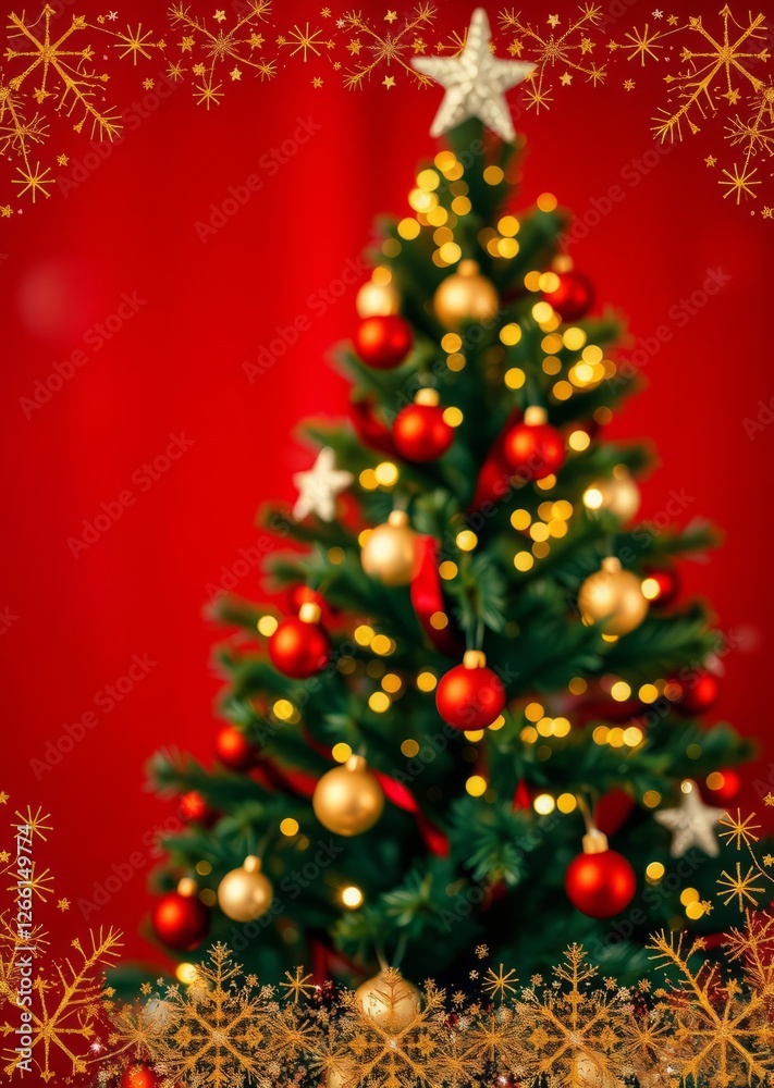 Fototapeta premium A christmas tree with shining ornaments and bokeh lights positioned against a red background with plenty of copy-space captured in hd qualityfestive christmas border with gold snowflakes and stars bok
