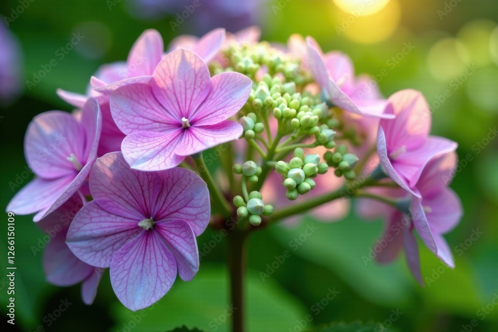 Close-up of hydrangea flowers with delicate stems and surrounding foliage in a sunny garden, botanicals, stem, spring flowers Close-up of hydrangea flowers with delicate stems and surrounding foliage in a sunny garden, botanicals, stem, spring flowers
