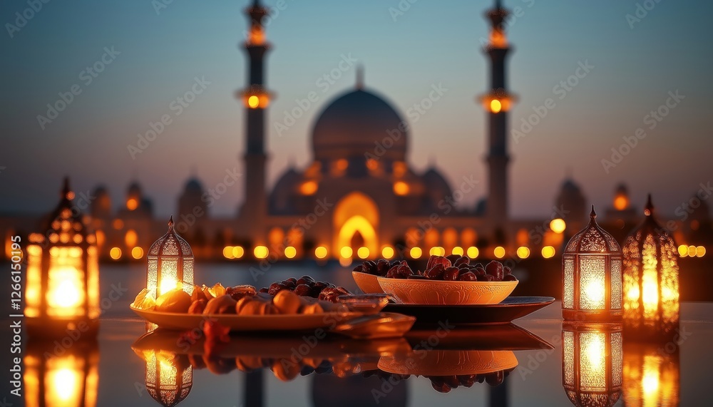 Naklejka premium Serene Ramadan Iftar Dates, Lanterns Mosque Silhouette at Dusk