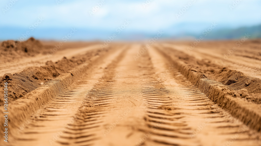 Naklejka premium Parallel tire tracks cutting through sandy terrain, stretching toward hazy blue horizon with faint mountain silhouettes, suggesting desert travel and open road journey