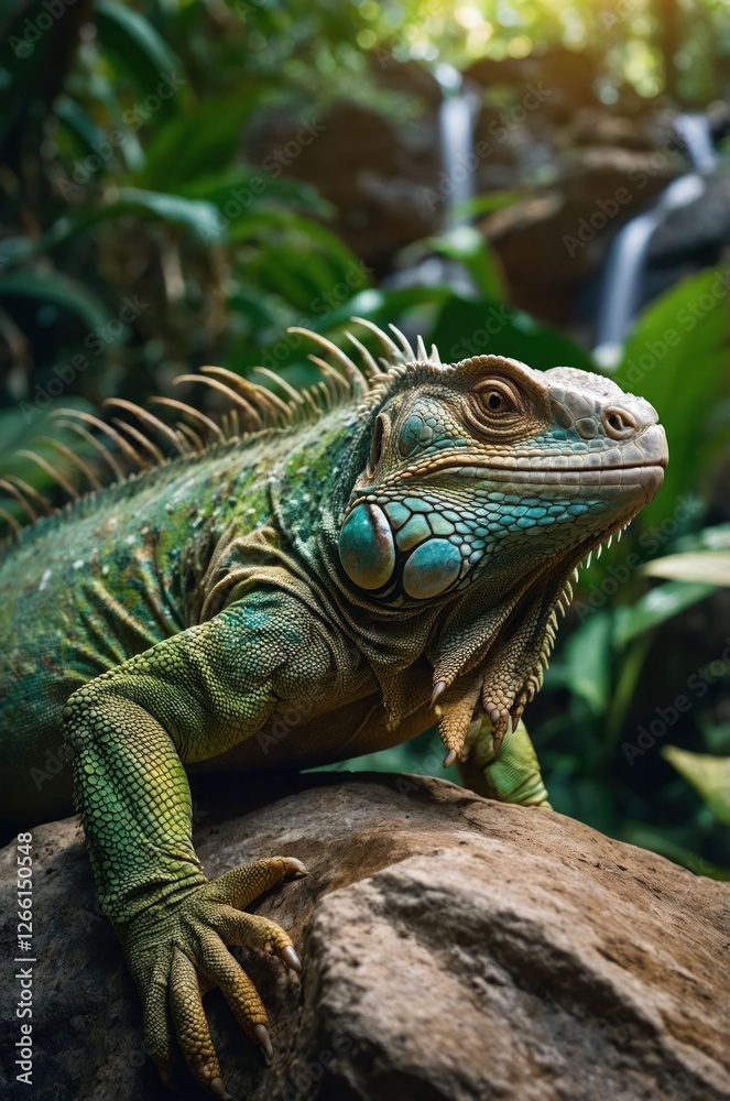 A vibrant iguana rests on a rock amidst lush greenery and cascading waterfalls. A vibrant iguana rests on a rock amidst lush greenery and cascading waterfalls.