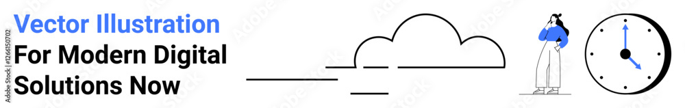 Woman stands near abstract cloud and clock elements, symbolizing time, productivity, and innovation. Ideal for technology, time management, cloud services, digital progress, productivity business Woman stands near abstract cloud and clock elements, symbolizing time, productivity, and innovation. Ideal for technology, time management, cloud services, digital progress, productivity business