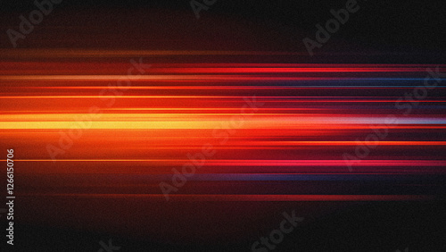 Abstract blurred background with colorful stripes of light on dark orange and black, horizontal lines with gradient effect, glowing and flowing in motion.	
