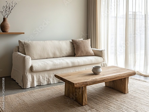Wallpaper Mural Minimalist, modern Scandinavian interior design in the living room with sofa and table. Generative AI
 Torontodigital.ca
