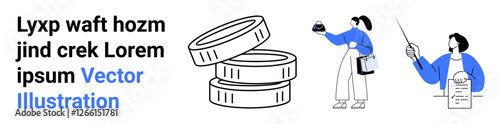 Stacked coins and two figures presenting financial insights with charts and documents. Ideal for finance, investment, education, analysis, teamwork, technology, corporate themes. Perfect flat landing