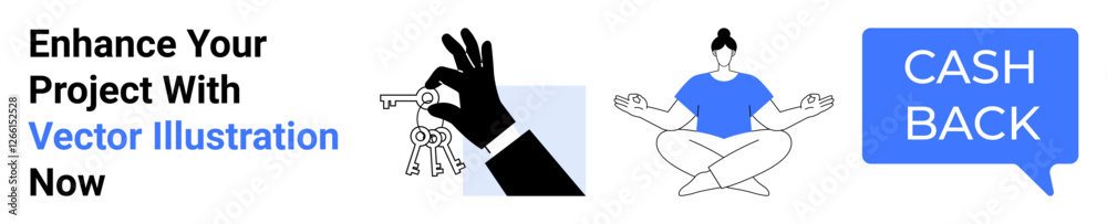 Black hand holding keys, person meditating in blue outfit, and cashback in blue speech bubble. Ideal for finance, wellness, minimalism, real estate, sales promotions, mindfulness campaigns flat Black hand holding keys, person meditating in blue outfit, and cashback in blue speech bubble. Ideal for finance, wellness, minimalism, real estate, sales promotions, mindfulness campaigns flat