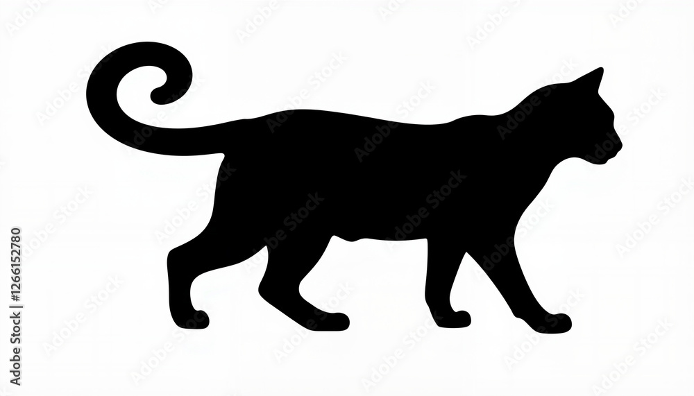 Confident cat silhouette walking forward against white background, pet symbolism, National Pet Day