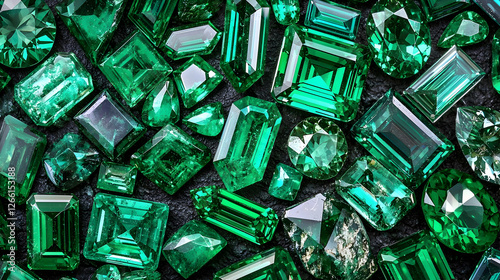 Sparkling emeralds collection on dark background. Jewelry, gems, luxury, green stones