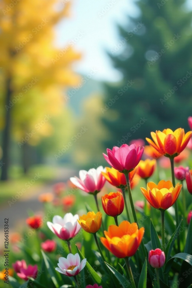 Obraz premium Colorful blooming flowers in a changing seasons backdrop, seasonal motifs , seasonally changing plants, botanical art