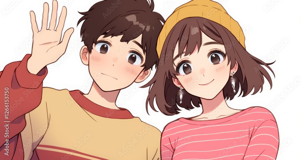 A cute cartoon couple waving at the camera, smiling and having fun together A cute cartoon couple waving at the camera, smiling and having fun together