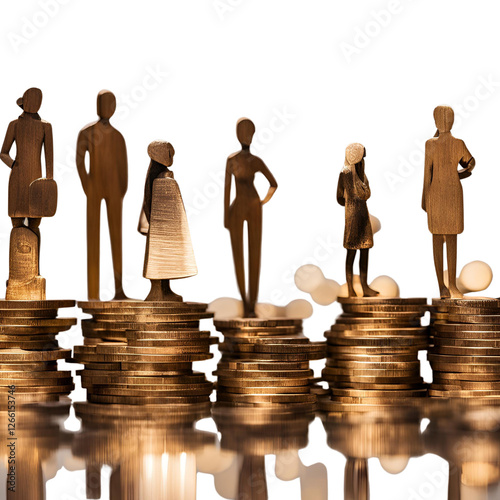Wooden figures on stacked coins socioeconomic inequality