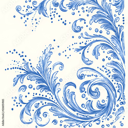 Decorative Blue Illustration of Toile de Jouy Border with Elegant Details
