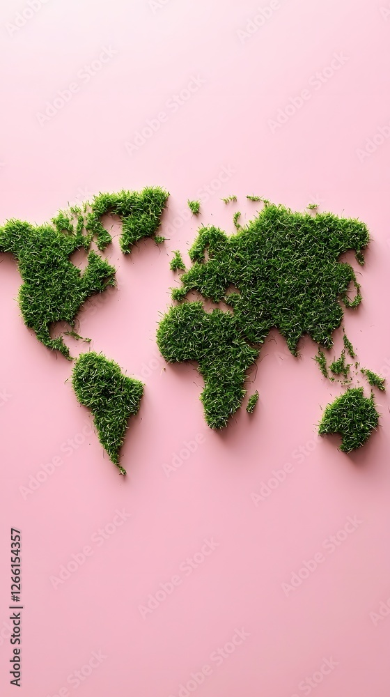 Grass World Map on Pink Background Grass World Map on Pink Background