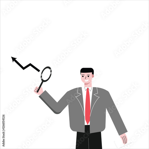 Businessman man looking at company's rise from magnifying glass. Visible success. Achievements achieved by the company. Flat design vector illustration isolated on white background