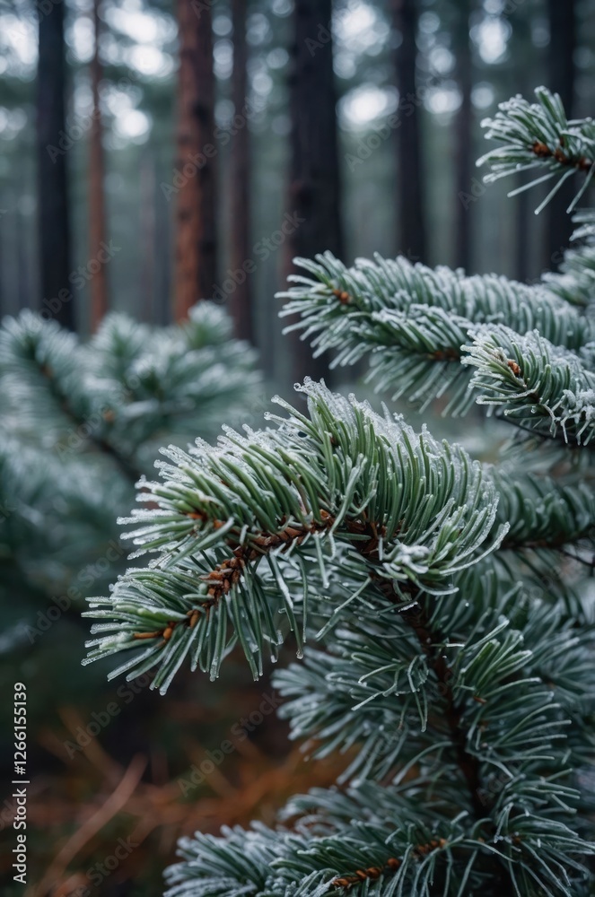 Frost-covered pine branches in a misty forest setting. Frost-covered pine branches in a misty forest setting.