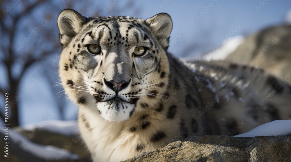 Majestic snow leopard resting on rocks in a snowy mountainous landscape during the winter morning light Majestic snow leopard resting on rocks in a snowy mountainous landscape during the winter morning light