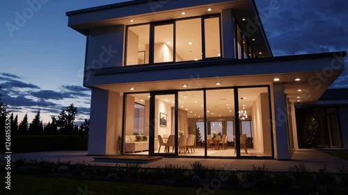 Slow Motion Shot of a Modern House in the Evening – Warm Interior Lights Glowing Through Large Glass Windows, Sleek Architectural Design, Soft Twilight Sky in the Background, Serene and Luxurious 