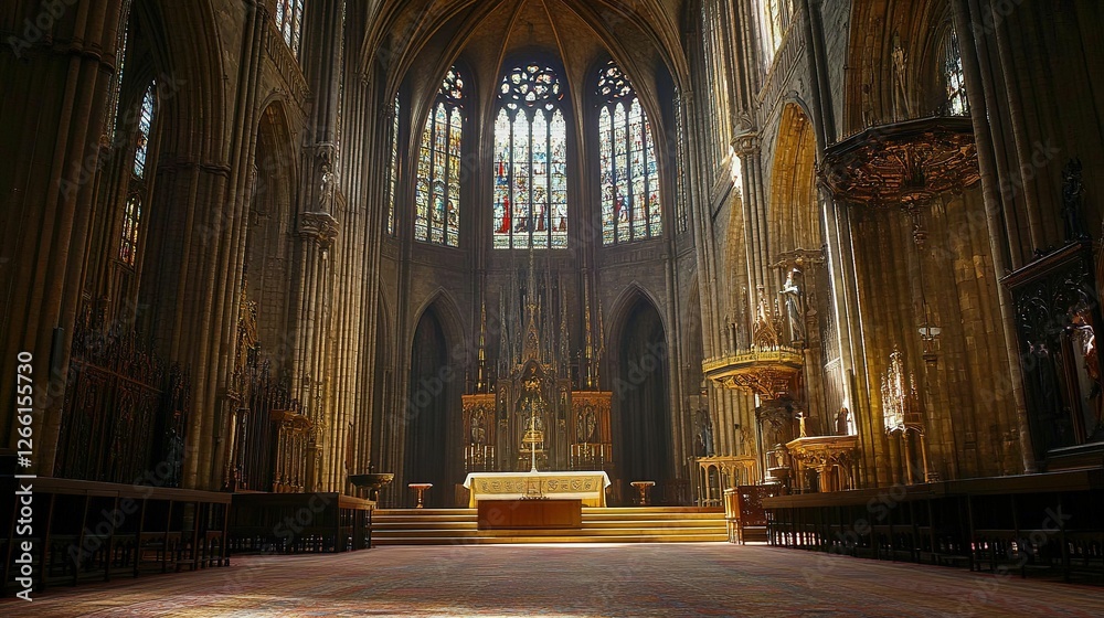 Fototapeta premium Sunlit Gothic Cathedral Interior Architecture And Stained Glass