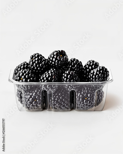 Fresh blackberries in a clear plastic container ready for snacking or baking