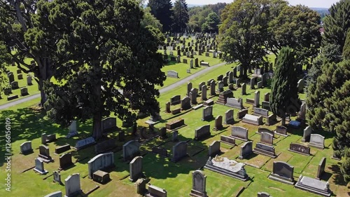 Slow Motion Aerial View of a Cemetery – Rows of Tombstones Aligned in a Serene Landscape, Soft Shadows Cast by Trees, Mist Gently Rising in the Distance, Peaceful and Reflective Atmosphere, Tranquil