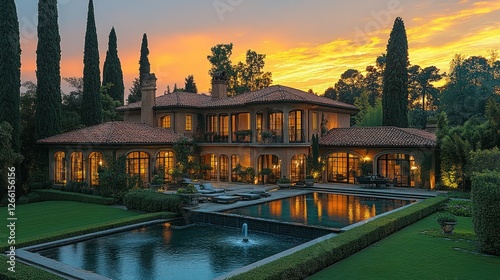 Luxurious Estate Sunset Pool Evening photo