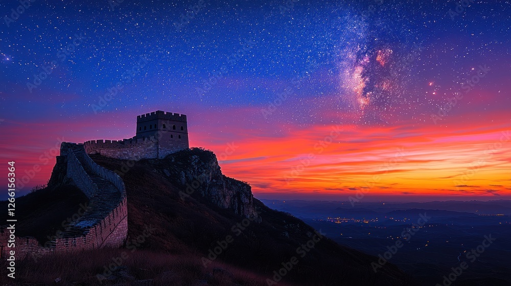 Fototapeta premium Majestic Great Wall Sunset Under Starry Night Sky