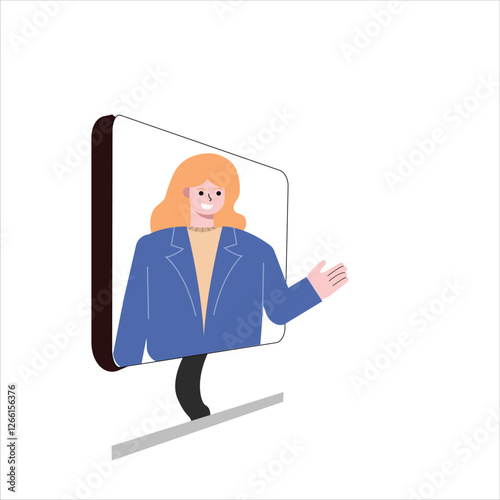 Businesswoman greeting other colleagues in online meeting. Remote work. Work from home. Flat design vector illustration isolated on white background