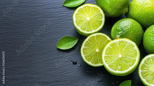 Fresh limes sliced on dark stone background with leaves photo