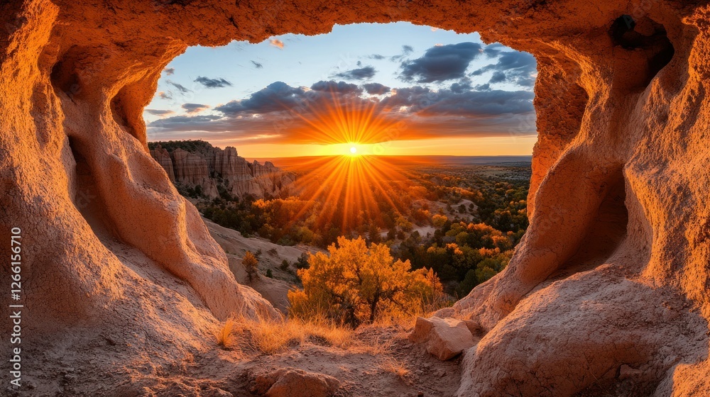 Cave sunset view of autumnal landscape