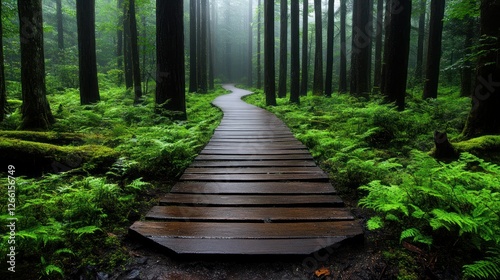 Misty forest path winding through lush greenery photo