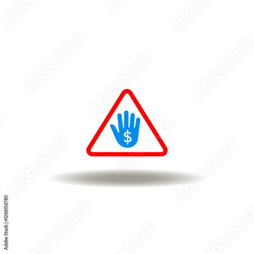 Vector illustration of attention sign and hand stop gesture with dollar currency. Symbol of anti-corruption. Icon of stop corrupt and bribery.