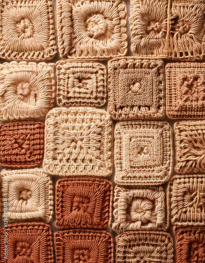 Fototapeta premium Crochet squares in warm tones showcase intricate handmade designs and textures