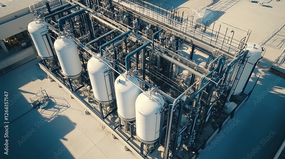 Industrial Rooftop Processing Plant With Large White Tanks Industrial Rooftop Processing Plant With Large White Tanks