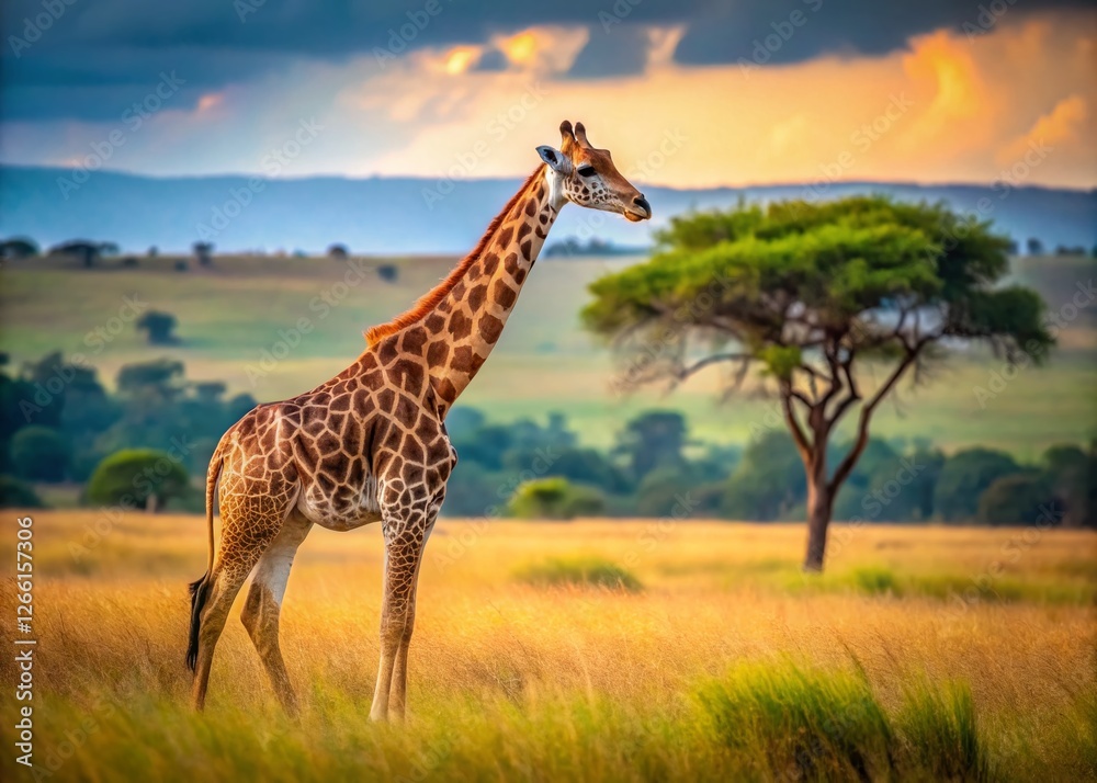 Obraz premium Vintage Maasai Mara Rothschild Giraffe Grazing Serene African Wildlife Photography