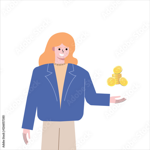 Businesswoman earns money from her job. Female worker works to generate profit for the company. Flat design vector illustration isolated on white background