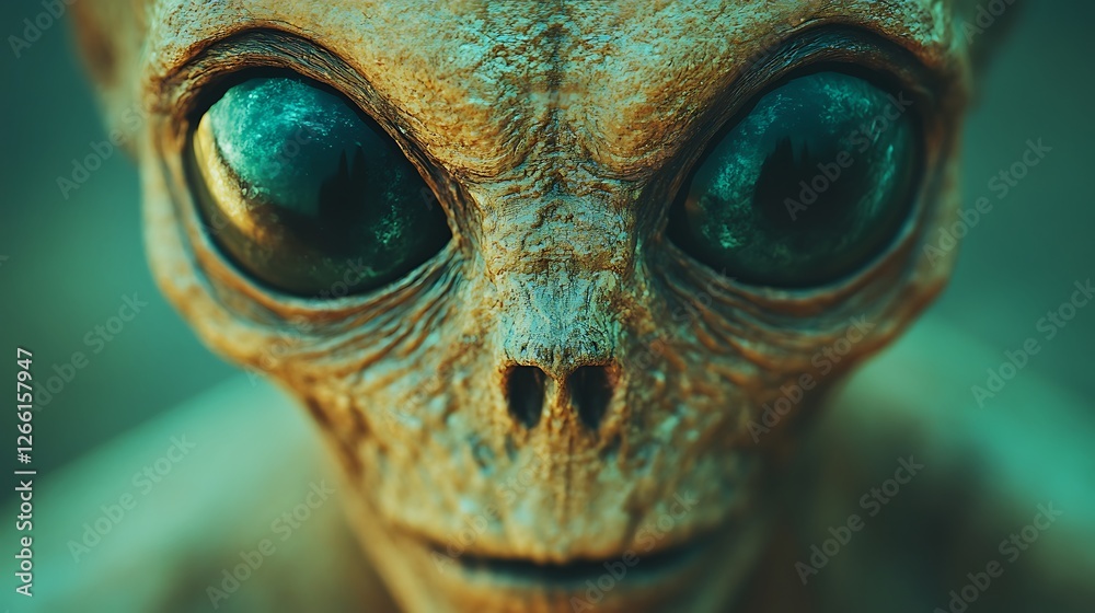 Alien close-up, curious gaze, dark background, sci-fi concept Alien close-up, curious gaze, dark background, sci-fi concept