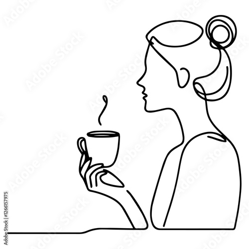 Line drawing of woman drinking coffee on white background
