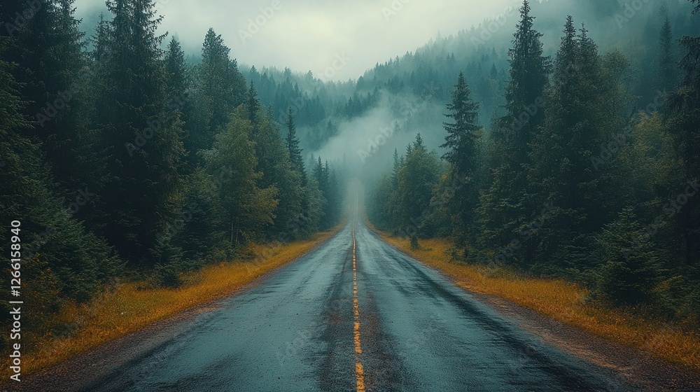 Naklejka premium Misty mountain road through wet forest