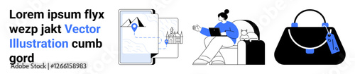 Map with location pin, person browsing laptop seated on sofa, sleek handbag. Ideal for travel, e-commerce, fashion, navigation, tech lifestyle, modern living flat landing page banner
