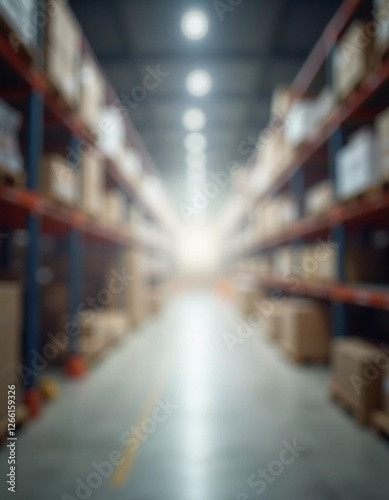 A spacious warehouse features long aisles lined with tall shelves filled with various packages. Bright overhead lights illuminate the area, creating a soft, translucent ambiance. Generative AI
