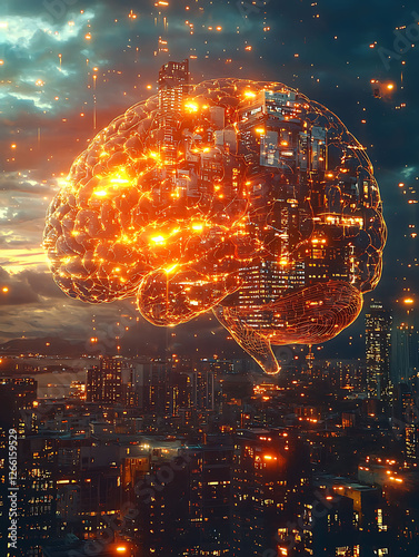 Stunning futuristic cityscape concept art. A glowing, networklike brain hovers above a vibrant metropolis at night, symbolizing AI, technology, and urban intelligence. photo